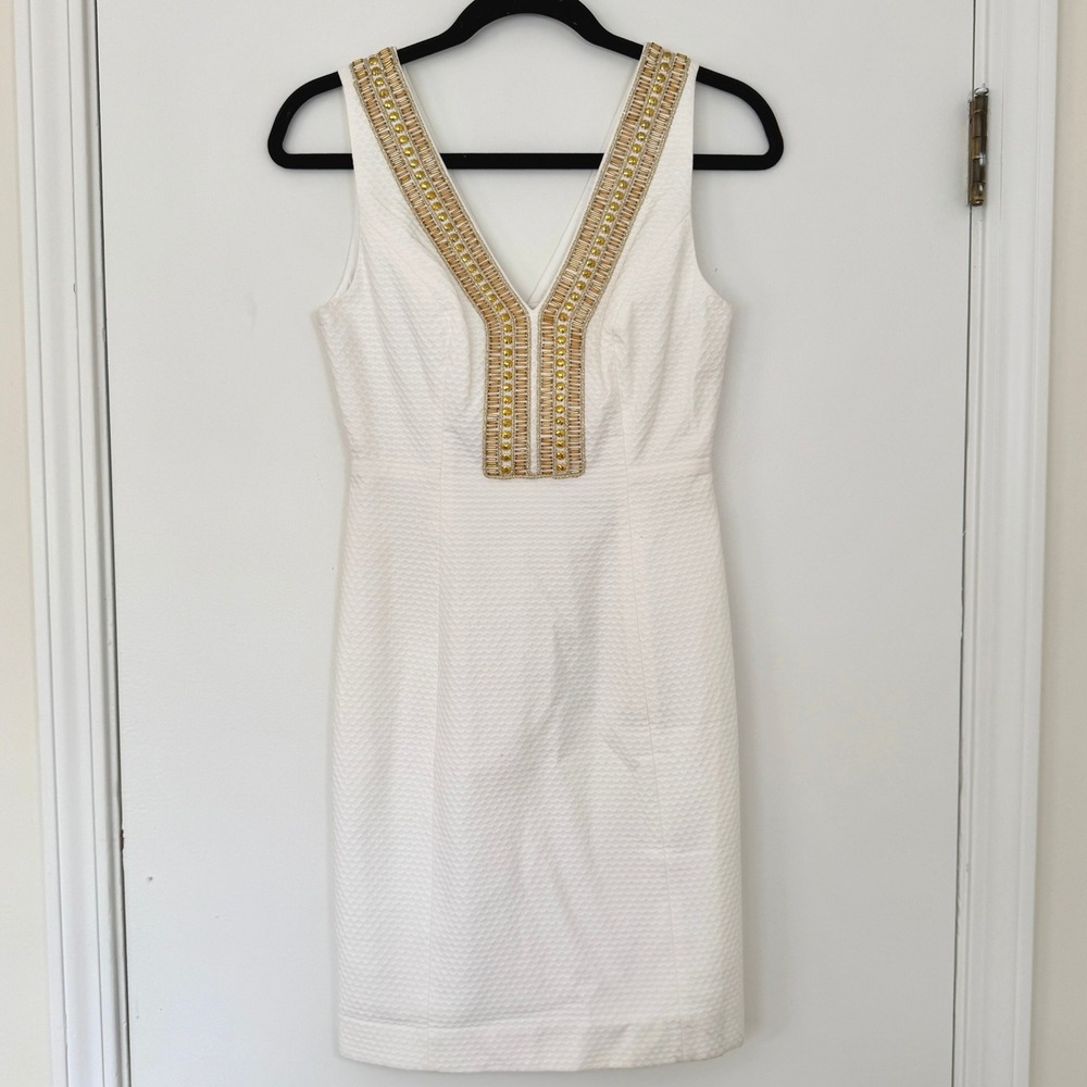 Lilly Pulitzer NWT Eliot Shift Dress Resort White Gold Beaded V-Neck Size 00